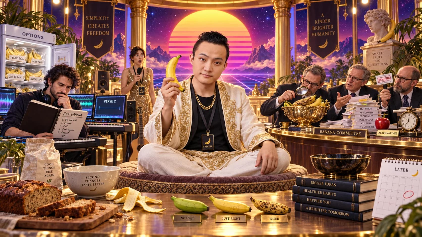 Justin Sun holds a ripe banana beneath a Synthwave Sun while a committee debates fruit, a musician plans an unfinished song, and banana bread offers a second chance.