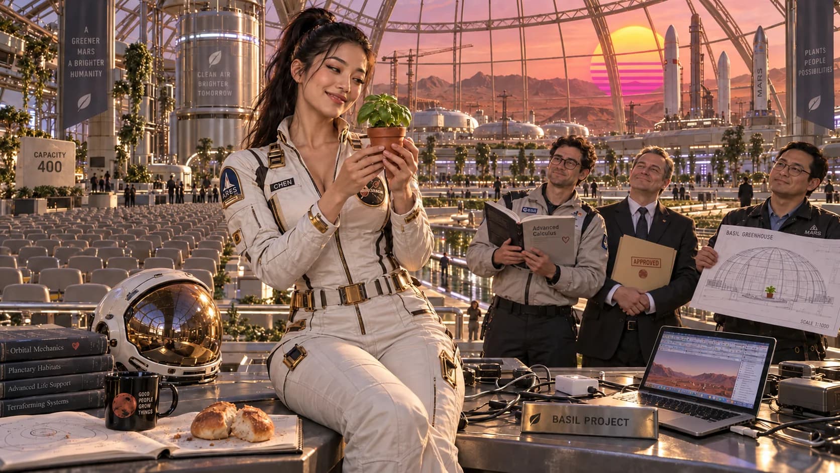 An astronaut holds a tiny basil plant in an enormous Martian greenhouse as eager men present calculus, funding approval, and building plans beneath a Synthwave Sun.
