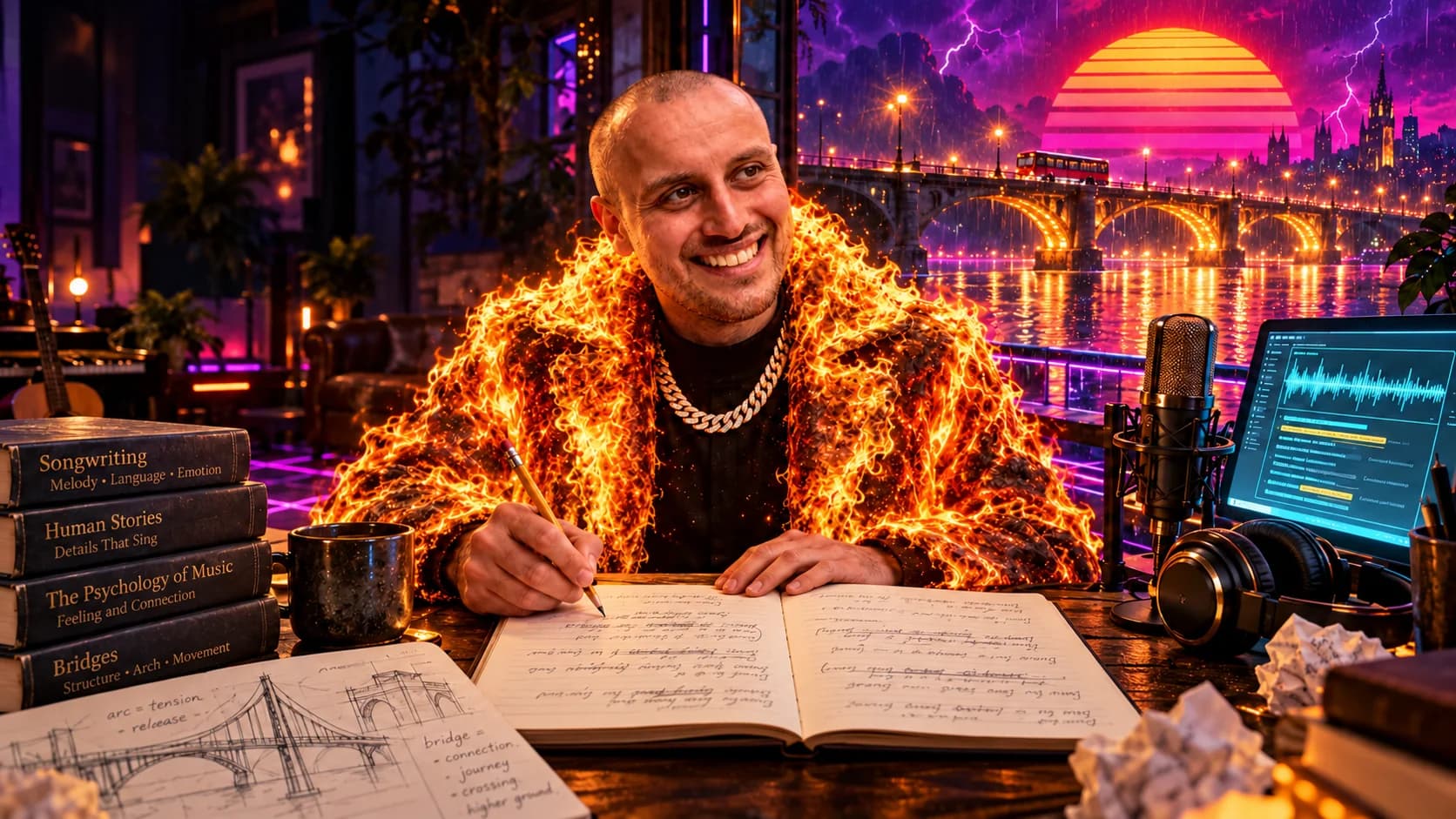 Alex Julian refining lyrics in a glowing fire coat at a studio desk, with research books, a microphone, and a bridge beneath a Synthwave Sun.
