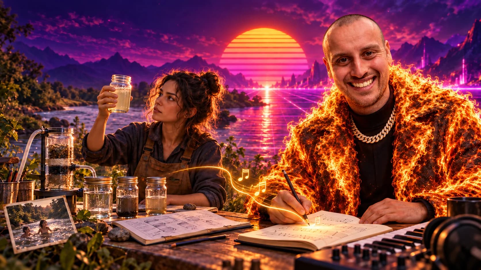 Alex Julian writes music beside a fictional inventor examining river water, with a neon grid and Synthwave Sun behind them.