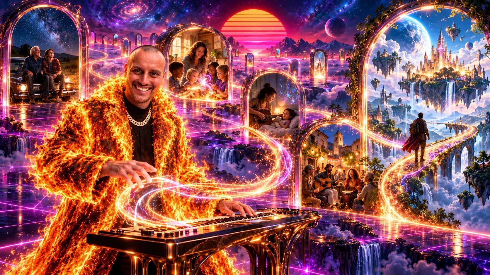 Alex Julian in a fire coat at a keyboard, with glowing portals connecting family memories, learning, community music, and an imagined world.