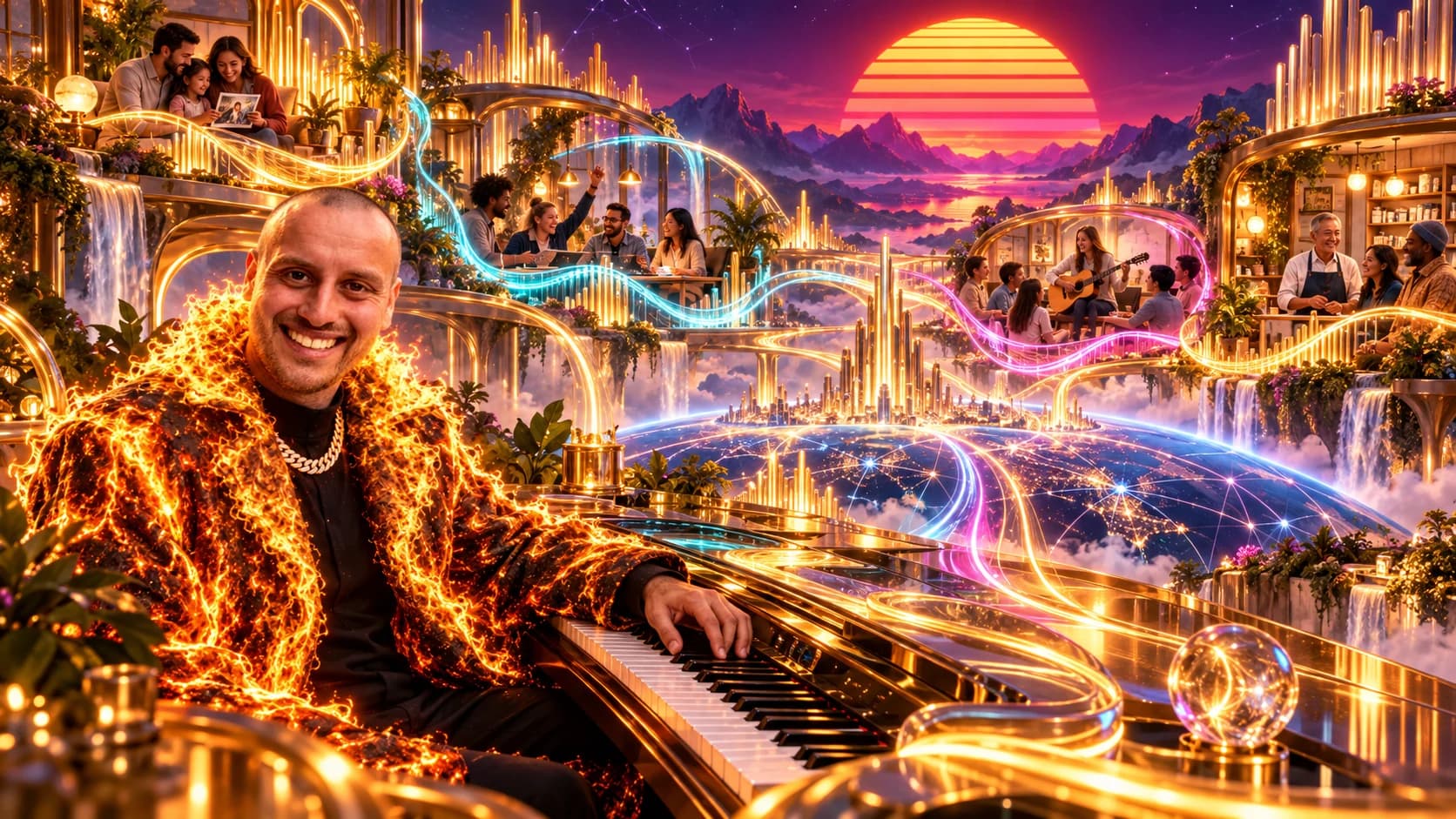 Alex Julian in a fiery coat at a golden piano, with luminous musical ribbons connecting families, a startup team, a classroom, and a neighborhood shop beneath a Synthwave Sun.