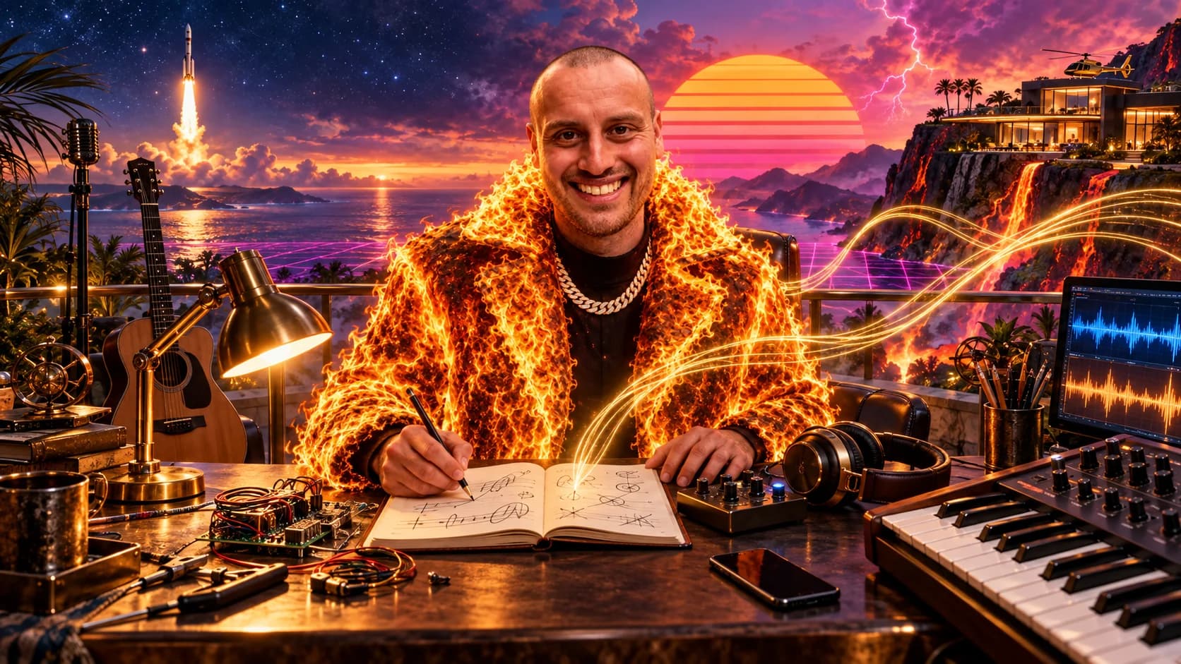 Alex Julian in a fire coat at a music workbench, with a rocket launch, Synthwave Sun, and volcano lair beyond the studio.